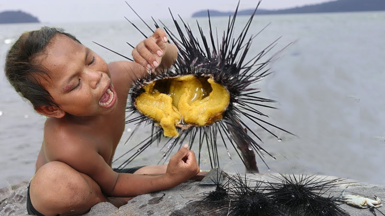 Primitive Technology: Find and Catch Urchin in Ocean - Survival Skills